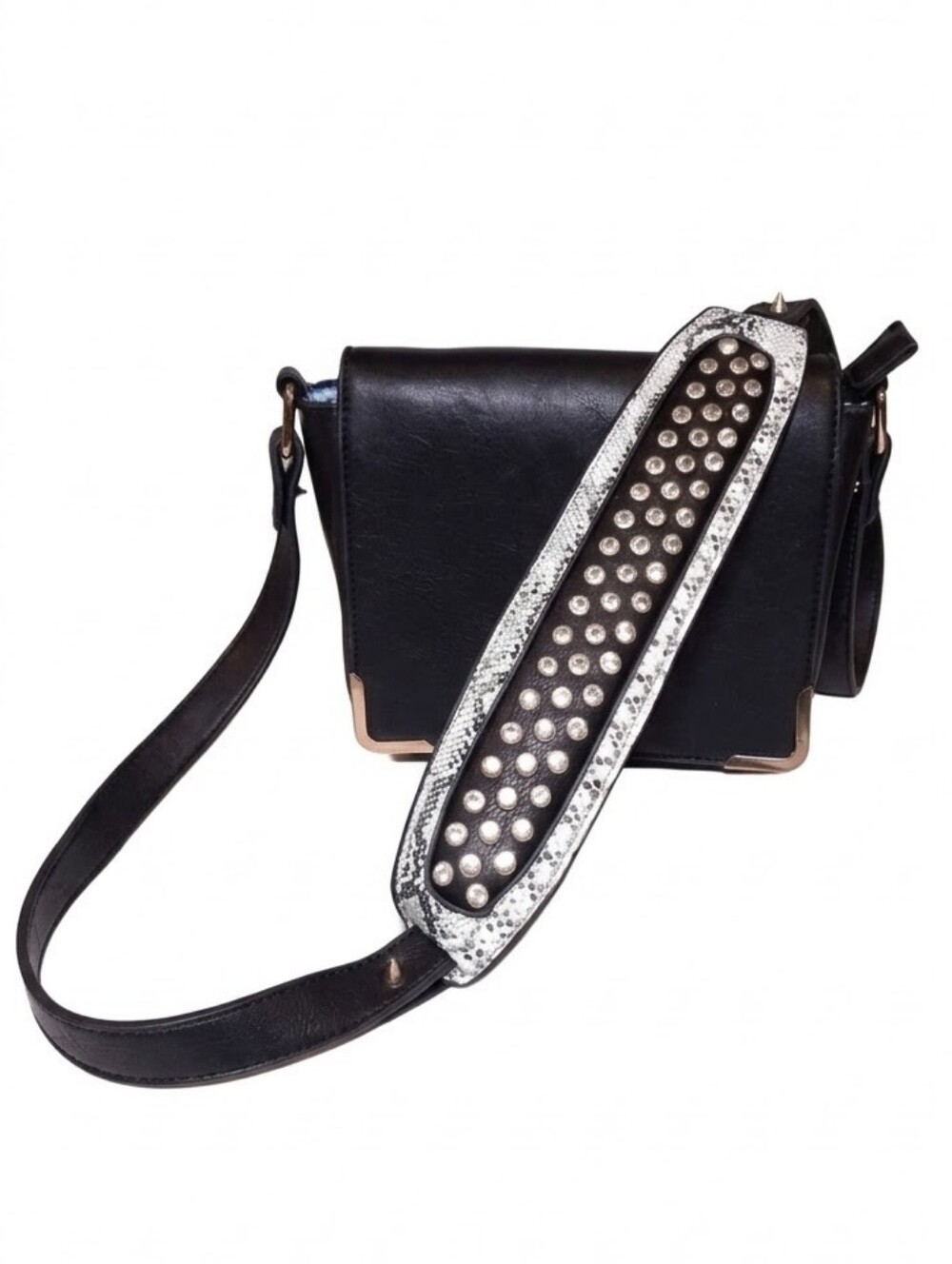 Faux Leather Shoulder Bag Wide Studded Strap Snakeprint Black Purse